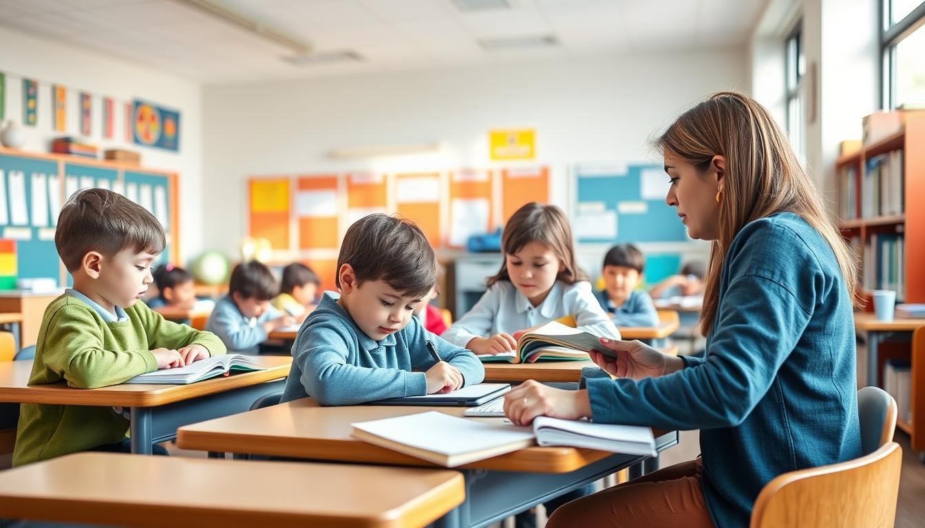 Students studying together in modern classroom